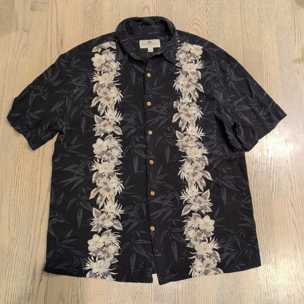 Island Shores Mens L Hawaiian Shirt Black Floral Rayon Short Sleeve Button Down